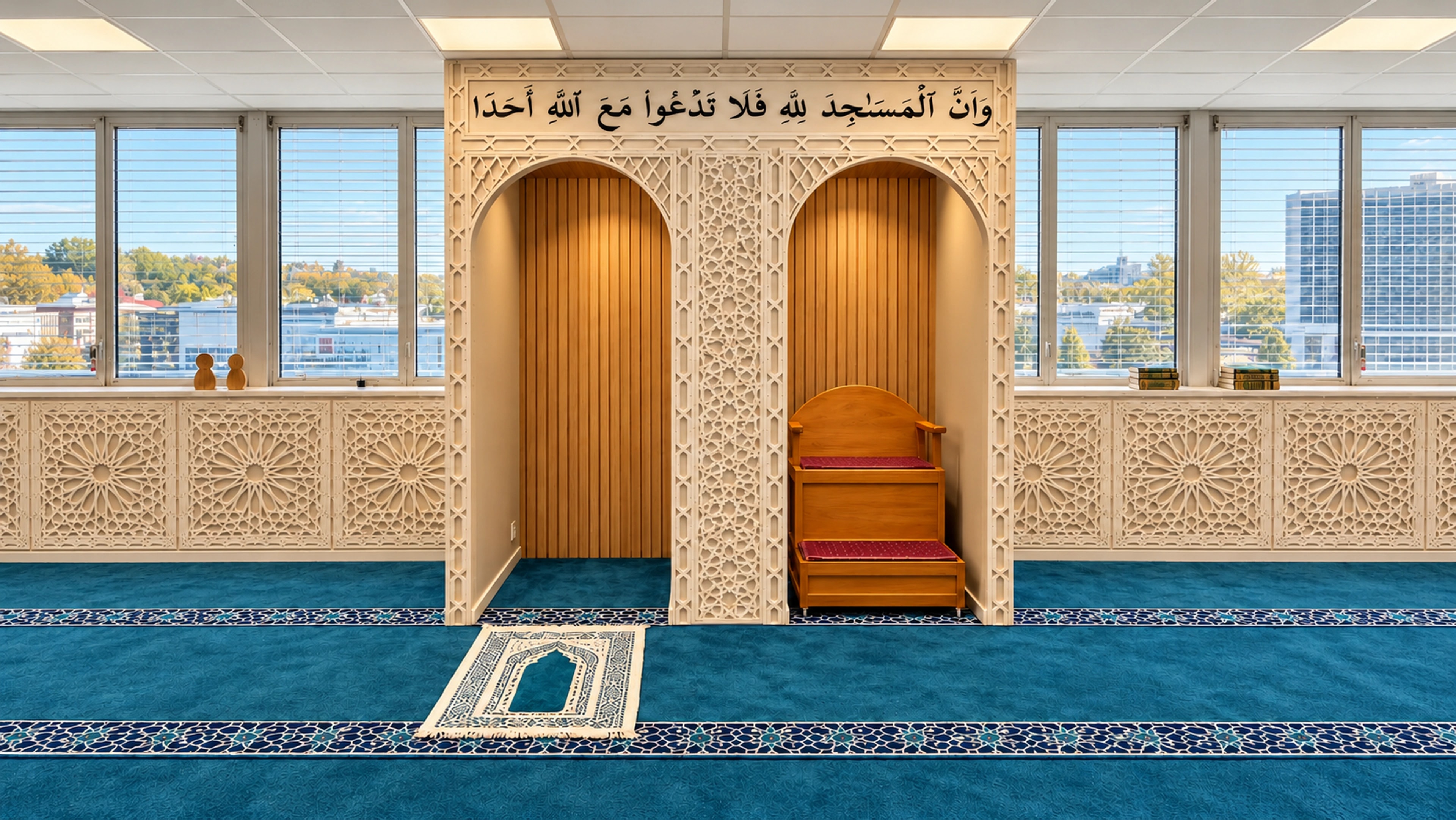 Mihraben og minbaren i Masjid Rahma, under verset fra Koranen 72:18, med bønneteppet foran.